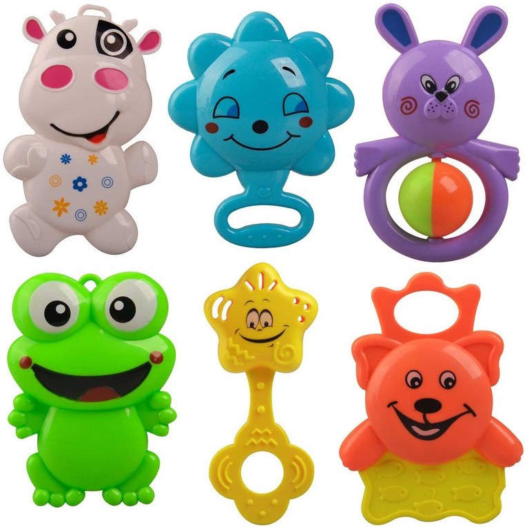 6-piece-baby-teether-rattle-set ست جغجغه و دندانگیر نوزادی ۶ عددی طرح حیوانات با جنس پلاستیک و سیلیکون برای نوزادان از بدو تولد